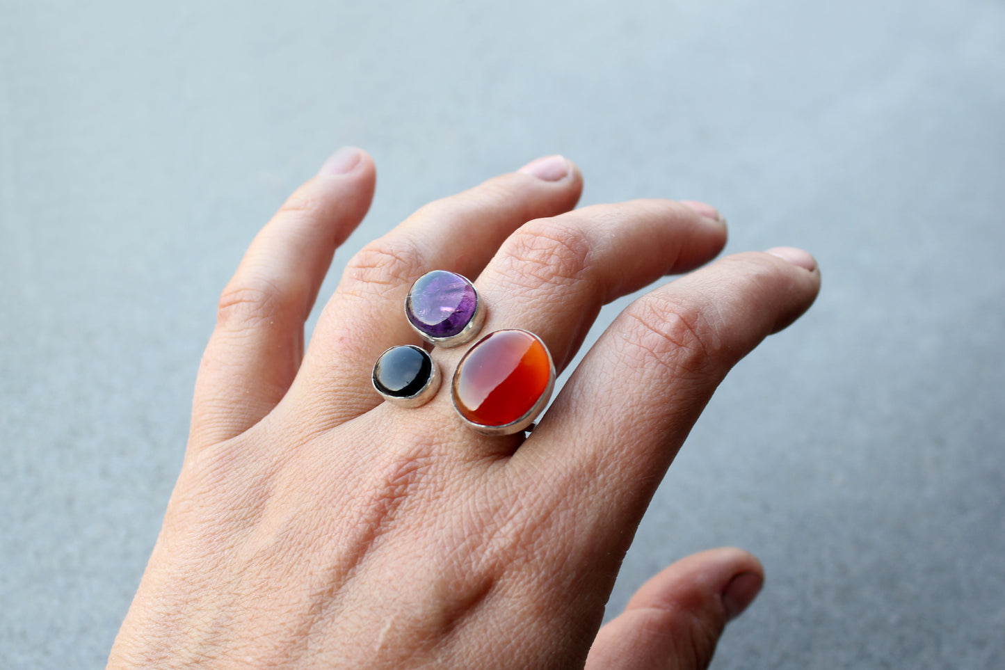 Big Armenian silversmith ring sterling silver cocktail statement with orange carnelian, purple amethyst and black onyx, silversmith