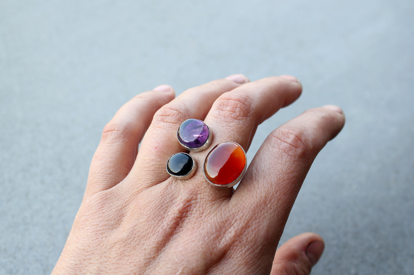 Big Armenian silversmith ring sterling silver cocktail statement with orange carnelian, purple amethyst and black onyx, silversmith