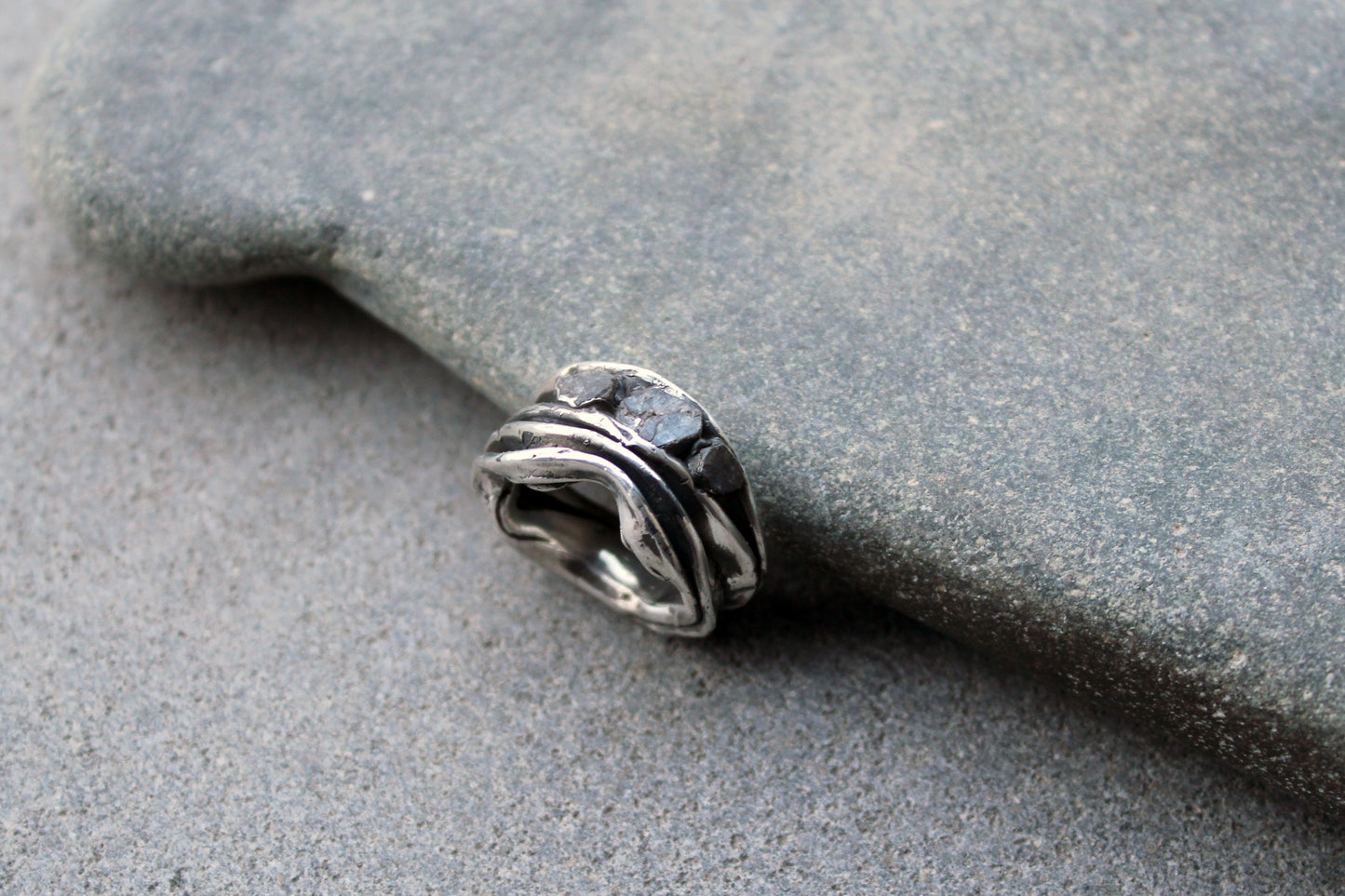 Sterling silver brutalist oxidized Armenian ring with rough sapphire gemstones, silversmith, harsh architectural band