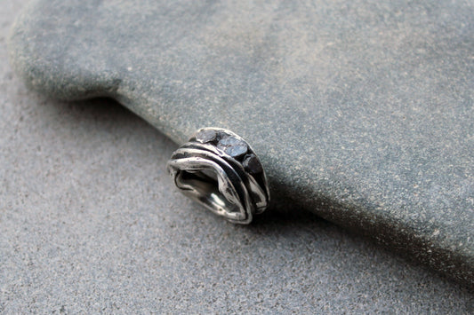 Sterling silver brutalist oxidized Armenian ring with rough sapphire gemstones, silversmith, harsh architectural band