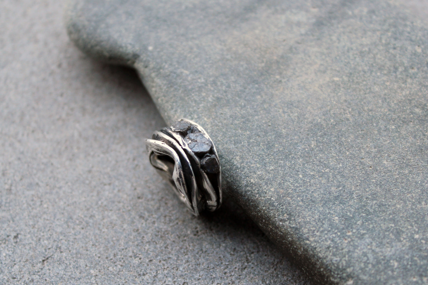 Sterling silver brutalist oxidized Armenian ring with rough sapphire gemstones, silversmith, harsh architectural band