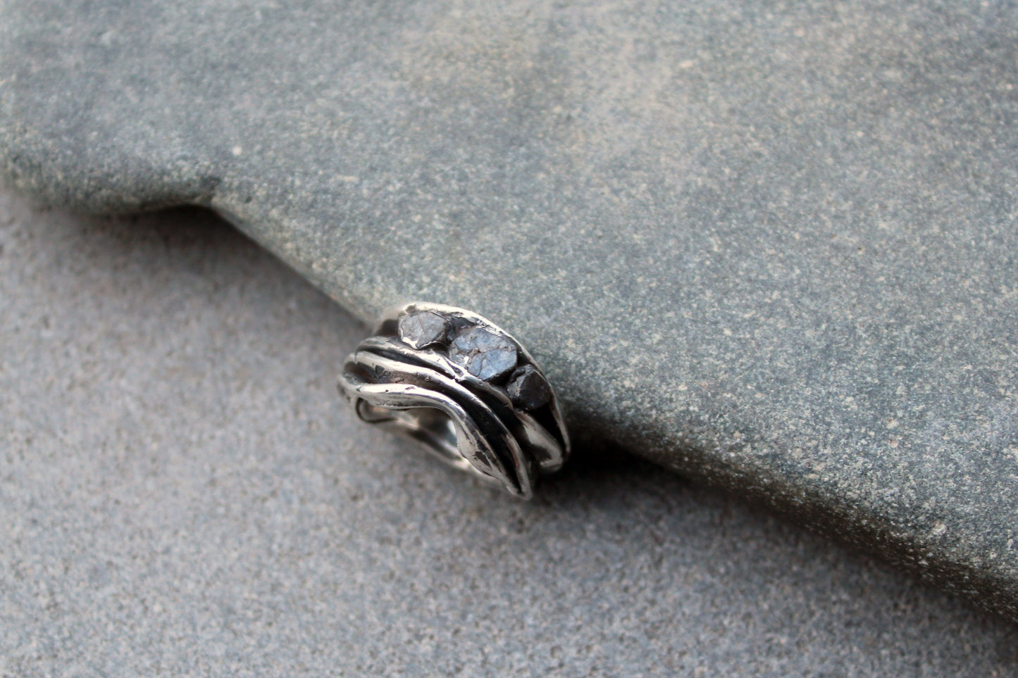 Sterling silver brutalist oxidized Armenian ring with rough sapphire gemstones, silversmith, harsh architectural band