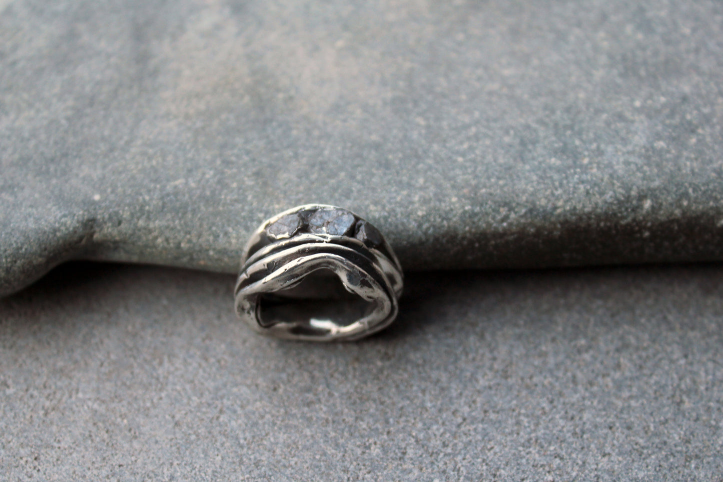 Sterling silver brutalist oxidized Armenian ring with rough sapphire gemstones, silversmith, harsh architectural band