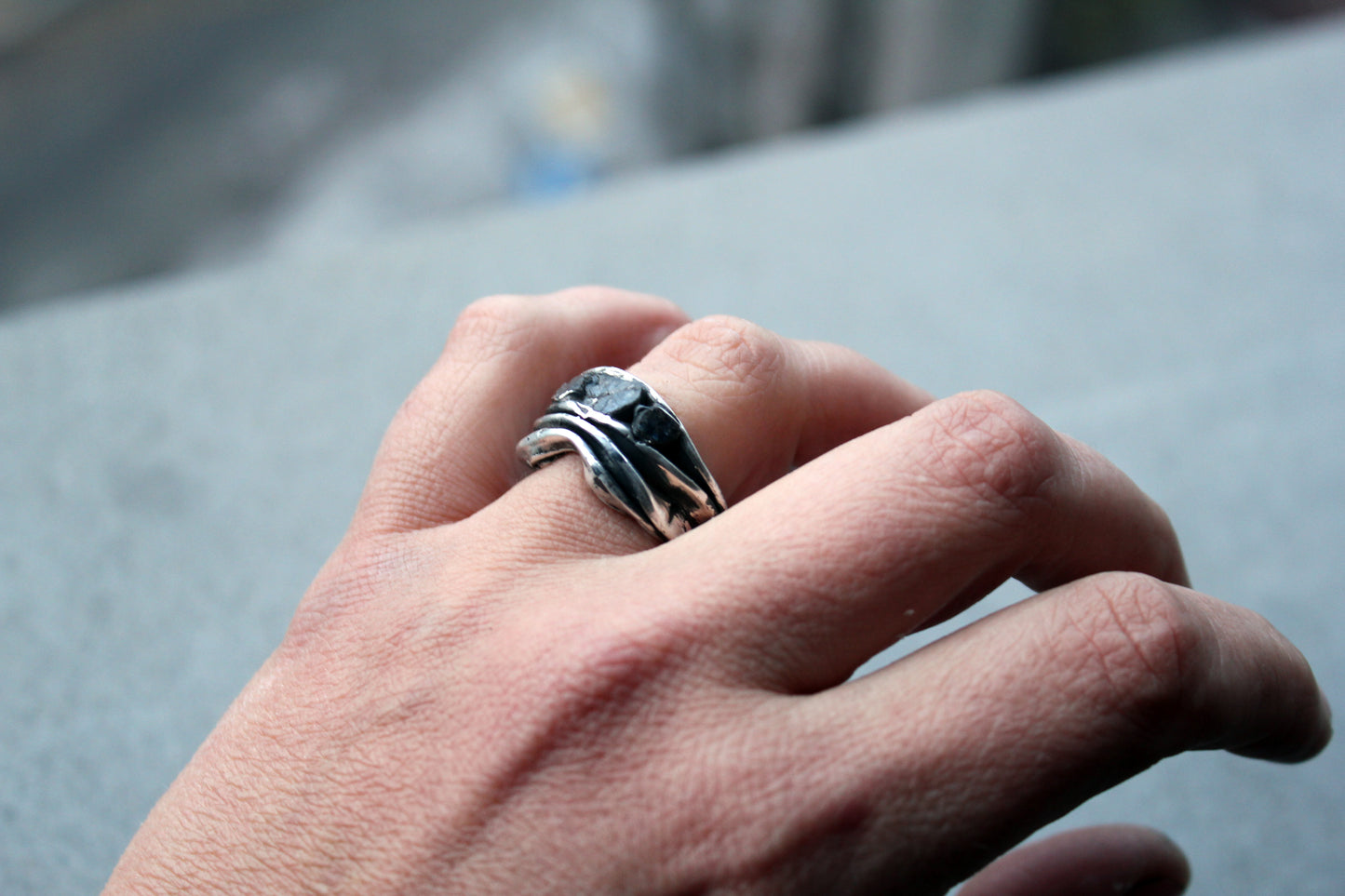 Sterling silver brutalist oxidized Armenian ring with rough sapphire gemstones, silversmith, harsh architectural band