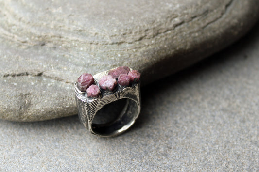 Sterling silver brutalist oxidized Armenian ring with rough ruby gemstone, silversmith, harsh architectural band