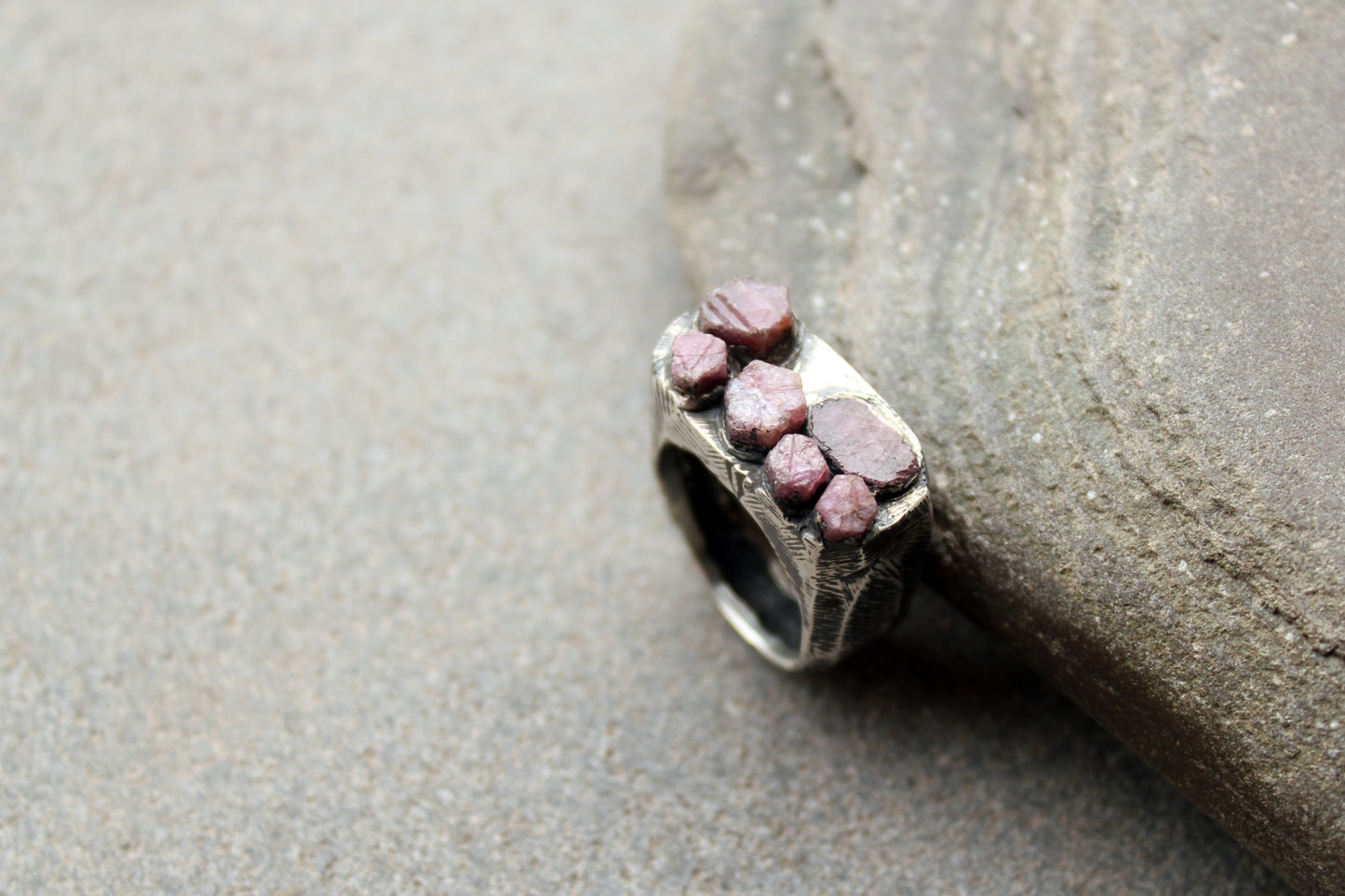 Sterling silver brutalist oxidized Armenian ring with rough ruby gemstone, silversmith, harsh architectural band