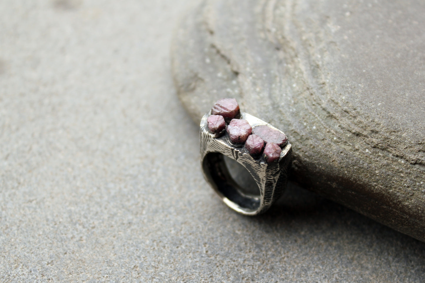 Sterling silver brutalist oxidized Armenian ring with rough ruby gemstone, silversmith, harsh architectural band