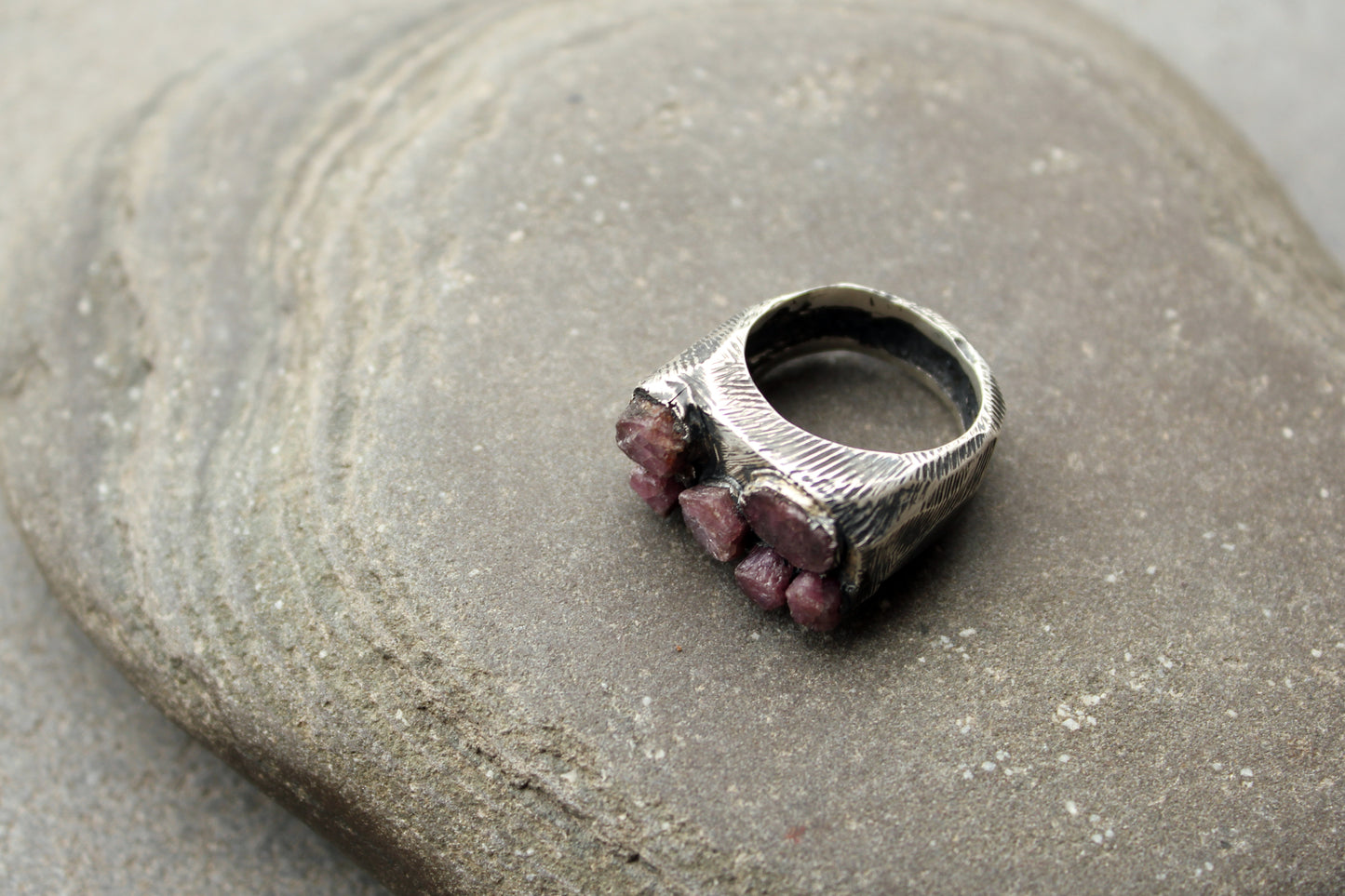 Sterling silver brutalist oxidized Armenian ring with rough ruby gemstone, silversmith, harsh architectural band